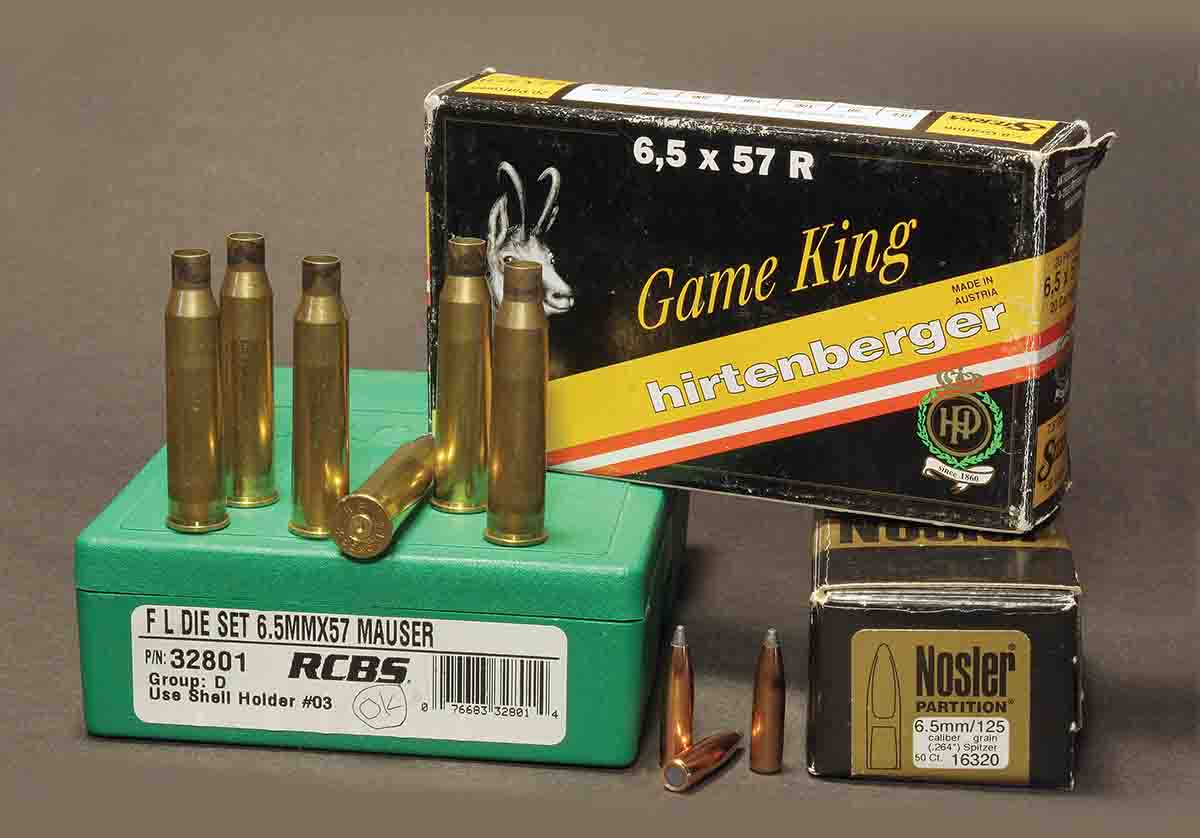 A Sauer drilling came with 6.5x57R dies and ammunition, so it was relatively easy to work up handloads using 6.5x55 data. Rimmed versions of European cartridges designed for use in break-action guns use the same dies as the rimless versions but a different shellholder